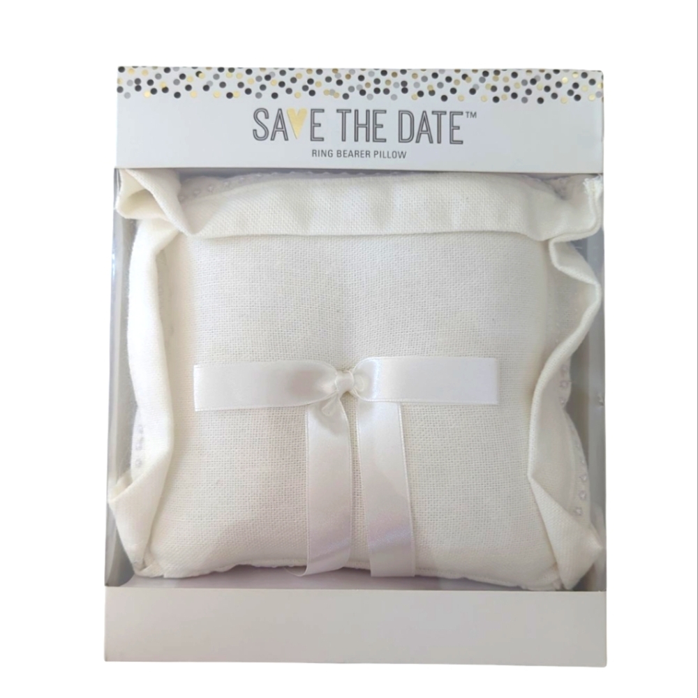 NWT Save the Date Wedding Ring Bearer Pillow Ribbon Bow Off White Ivory